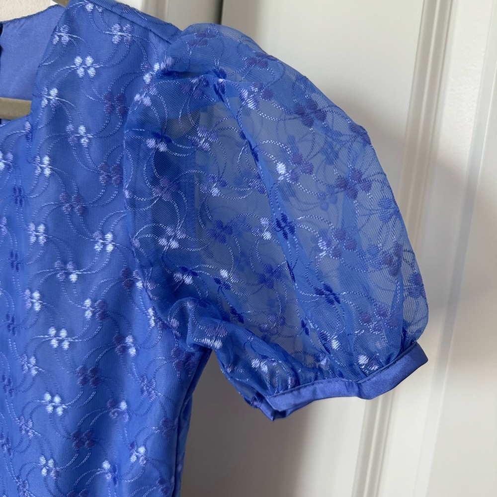 Vintage Allison Ann Floral Blue Dress Size 7 Puff Sleeves 80s 90s Retro Fancy - Picture 3 of 13